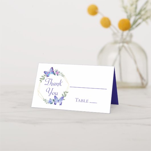 バタフライ ブルー フラワル バタフライ ウェディング パーティー プレイスカード (正面)