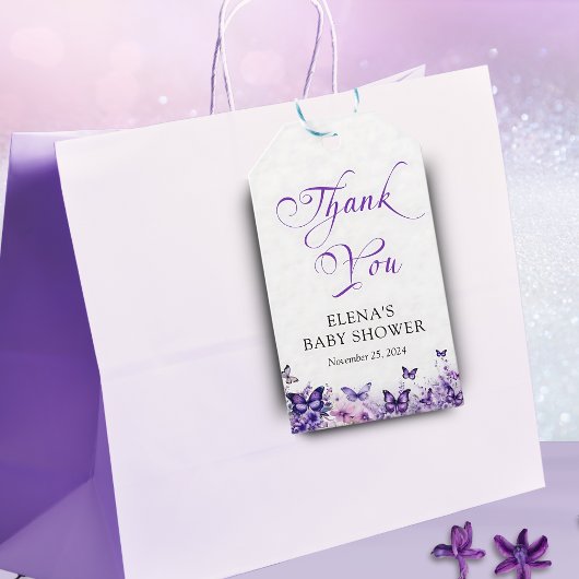 バタフライ ベイビー シャワー エレガント パープル フラワーズ ギフトタグ