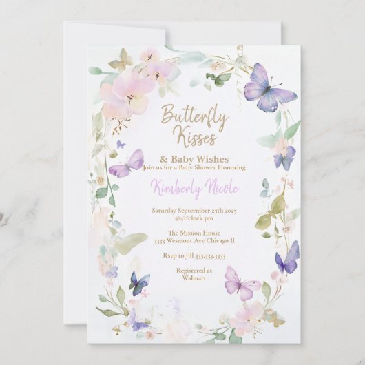 バタフライ ベイビー パープル バタフライ ベイビー シャワー 招待状 (正面)