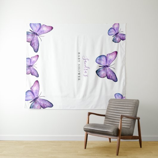 バタフライ ベビーシャワー 背景 ミニマリスト パープル タペストリー (インサイチュ(横))