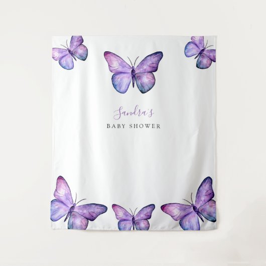 バタフライ ベビーシャワー 背景 ミニマリスト パープル タペストリー (正面)