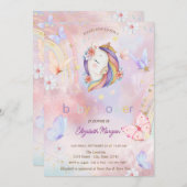 バタフライ レインボー フラワーユニコーン ベビーシャワー 招待状 (正面/裏面)
