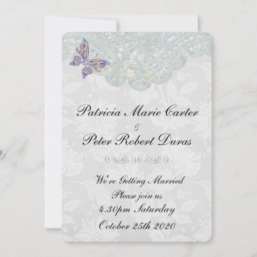 バタフライ＆レースの結婚式招待状（両面） 招待状 (正面)