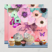 バタフライ、ローズ、フラワーズ、 カップケーキ ピンクのベイビーシャワー 招待状 (正面/裏面)