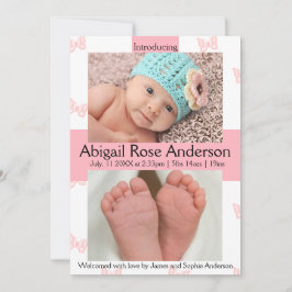 バタフライ/水玉模様·ガール·ピンクの誕生発表 案内状