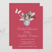 バタフライ&鉢植え赤ブライダルシャワー 招待状 (正面/裏面)