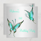 バタフライ 21歳の誕生日パーティー 緑 白 招待状 (正面/裏面)