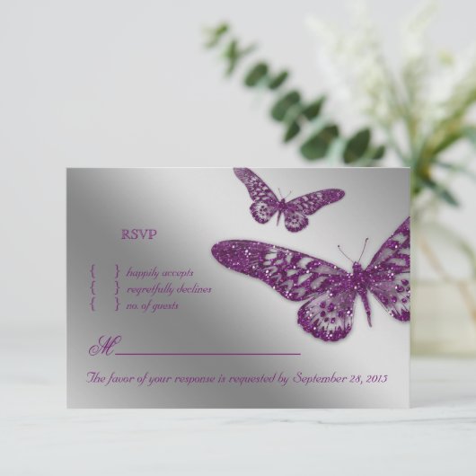 バタフライRSVP結婚の返信カード（紫） 出欠カード (スタンド正面)