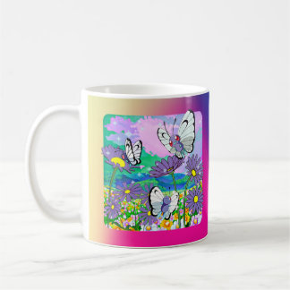 バタフリーと野の花のマグカップ – かわいいパステル蝶々 コーヒーマグカップ
