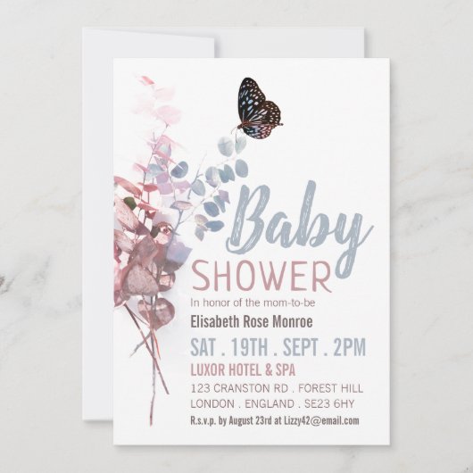 バタフ葉ィースエレガント、ベビーブシャワー 招待状 (正面)