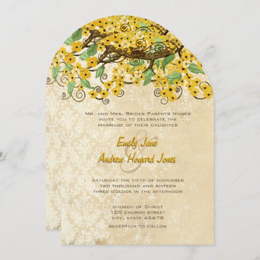 バターイエローさくらんぼブロッサムティーステイン結婚ズ 招待状 (正面/裏面)