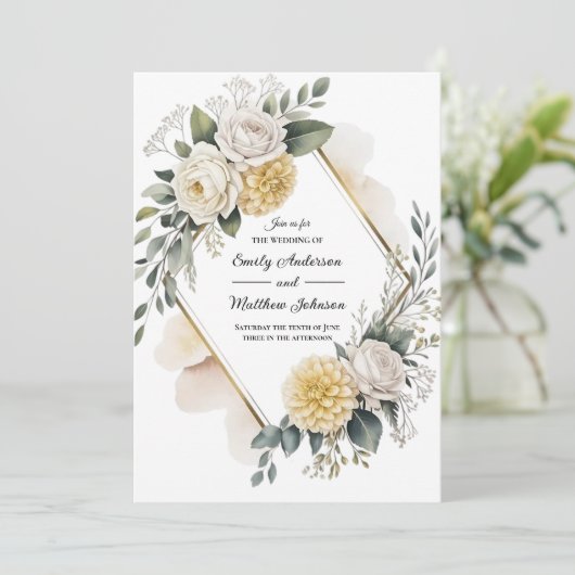 バターイエローとゴールドのウェディングインビテーション 招待状 (スタンド正面)