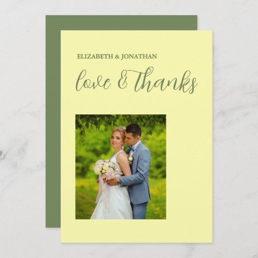 バターイエローとセージのミニマル結婚リスト サンキューカード (正面/裏面)