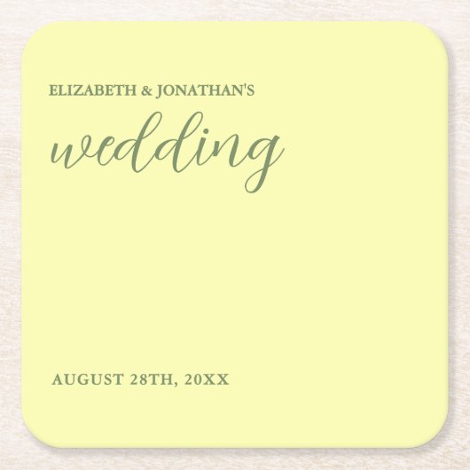 バターイエローとセージのミニマル結婚リスト スクエアペーパーコースター (正面)