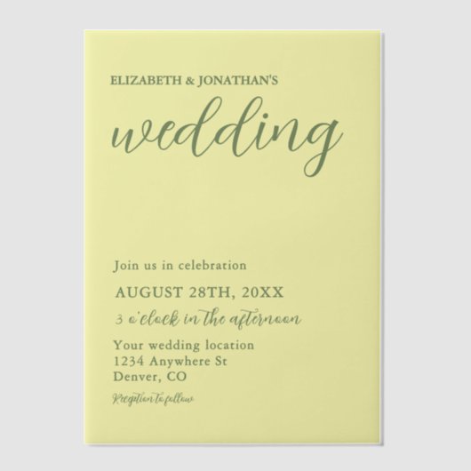 バターイエローとセージのミニマル結婚リスト ベラム紙招待状 (正面)