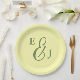 バターイエローとセージのミニマル結婚リスト ペーパープレート