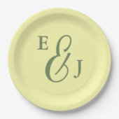 バターイエローとセージのミニマル結婚リスト ペーパープレート (正面)