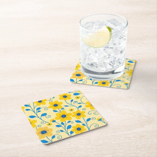 バターイエローとブルーのフローラ スクエアペーパーコースター (インサイチュ)