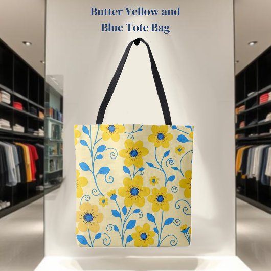 バターイエローとブルーのフローラ トートバッグ