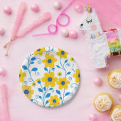 バターイエローとブルーのフローラ ペーパープレート (パーティー)