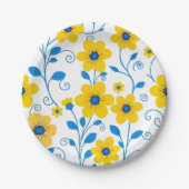 バターイエローとブルーのフローラ ペーパープレート (正面)