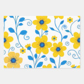 バターイエローとブルーのフローラ ラッピングペーパーシート (正面)