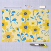 バターイエローとブルーのフローラ 薄葉紙 (クラフト)