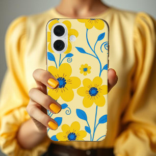 バターイエローとブルーのフローラ iPhone 16ケース