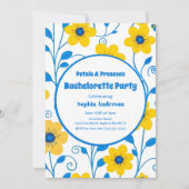バターイエローとブルーの花模様-バチェロレッテ 招待状 (正面)