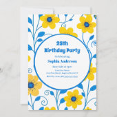 バターイエローとブルーの花模様-誕生日招待状 招待状 (正面)