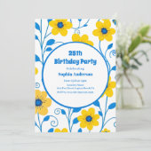バターイエローとブルーの花模様-誕生日招待状 招待状 (スタンド正面)