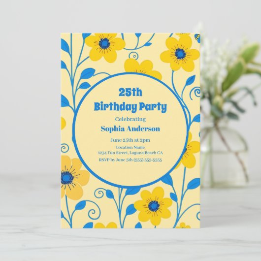 バターイエローとブルーの花模様-誕生日招待状 招待状 (スタンド正面)