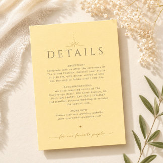 バターイエローのエレガントな結婚式詳細カード ノートカード