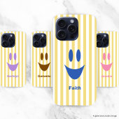 バターイエローのストライプ かわいい青いスマイル iPhoneケース