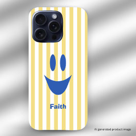 バターイエローのストライプ かわいい青いスマイル iPhone 16 PROケース