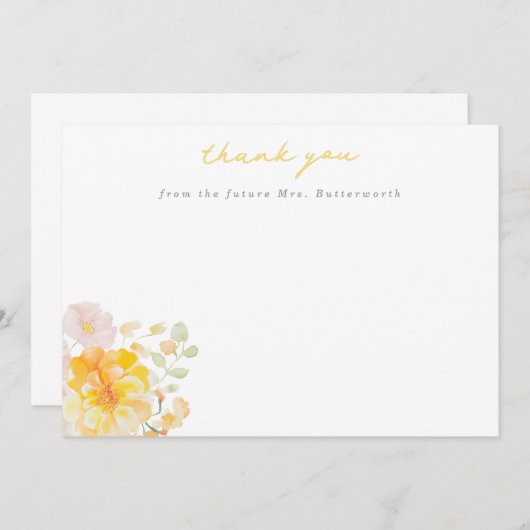 バターイエローの花のウェディングシャワーのお礼 サンキューカード (正面/裏面)