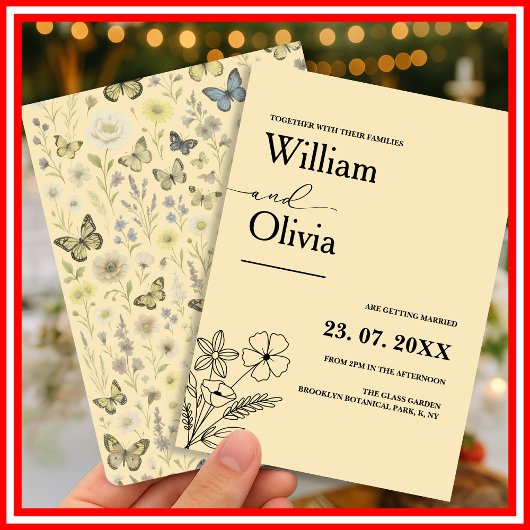 バターイエローの野生の花のウェディング 招待状
