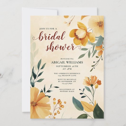 バターイエローアンドグリーンフローラブライダルシャワー 招待状 (正面)