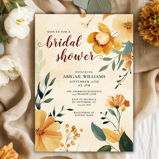 バターイエローアンドグリーンフローラブライダルシャワー 招待状