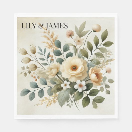 バターイエローウォーター色のフローラ エレガント モダン スタンダードランチョンナプキン (正面)