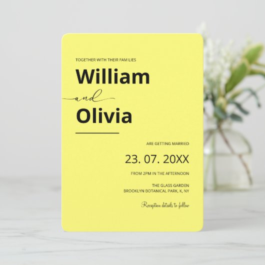バターイエローシンプルエレガントミニマ結婚リスト 招待状 (スタンド正面)