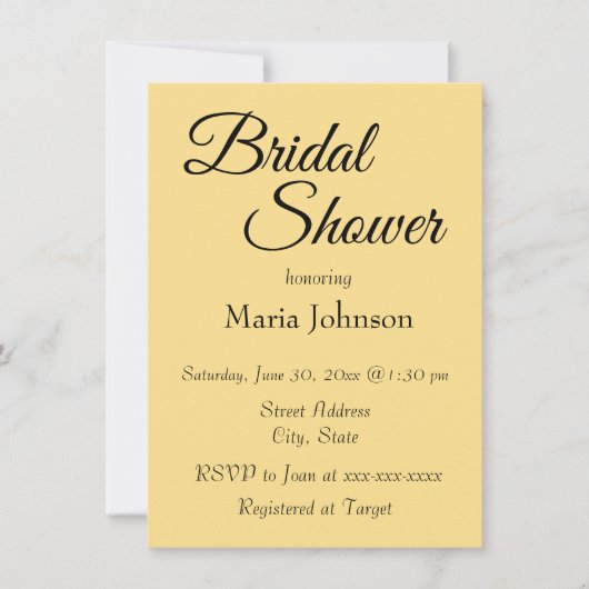 バターイエローシンプルスタイル結婚ズブライダルシャワー 招待状 (正面)