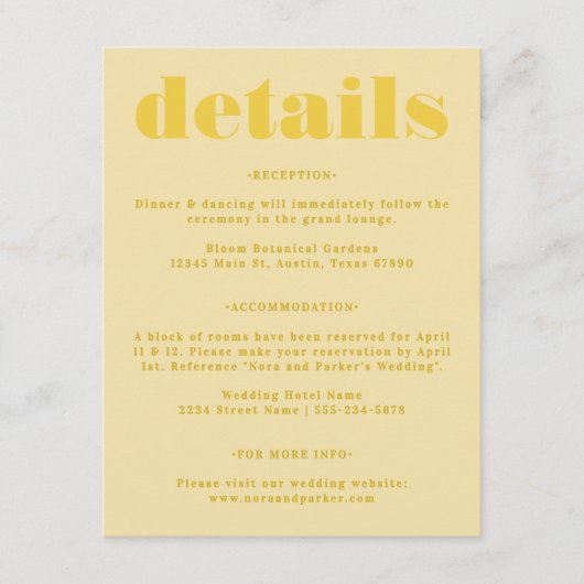 バターイエローシンプル結婚詳細 エンクロージャーカード (正面)