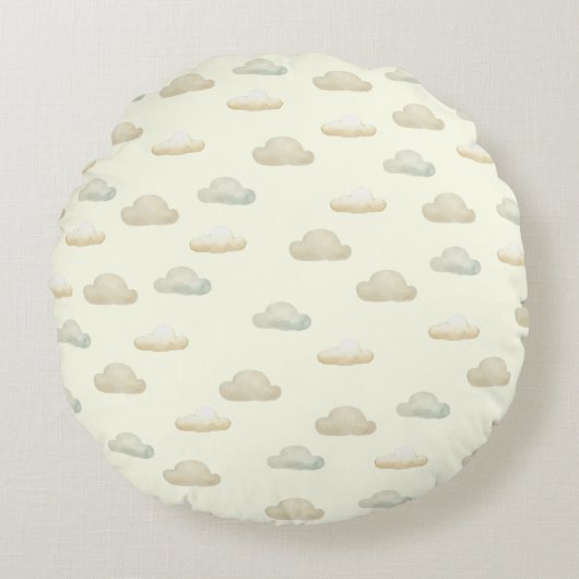 バターイエロースカイにかわいい雲 ラウンドクッション (正面)