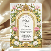 バターイエローピンクヴィンテージ結婚アールヌーボー 招待状