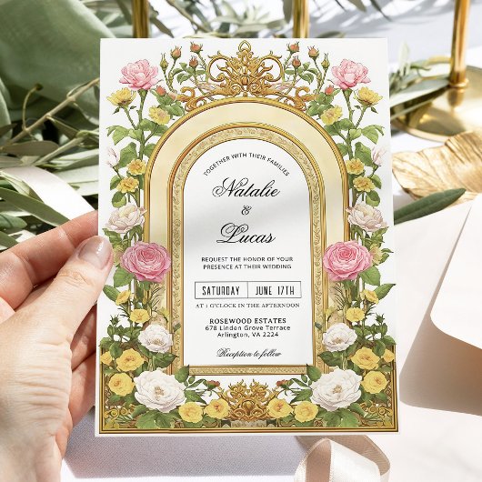 バターイエローピンクヴィンテージ結婚アールヌーボー 招待状