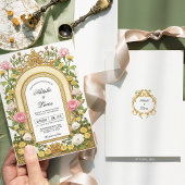 バターイエローピンクヴィンテージ結婚アールヌーボー 招待状