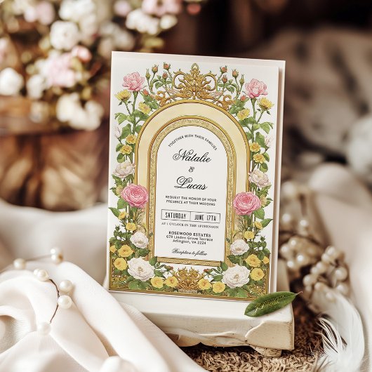 バターイエローピンクヴィンテージ結婚アールヌーボー 招待状