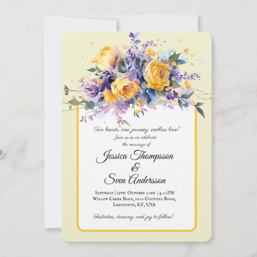 バターイエローフローラウォーターカラーエレガントな結婚式 招待状 (正面)