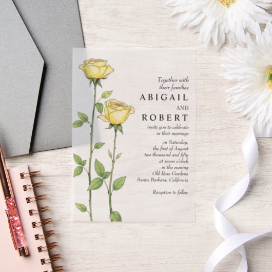 バターイエローローズの花ロマンチック結婚フローラ ベラム紙招待状 (ウェディング)